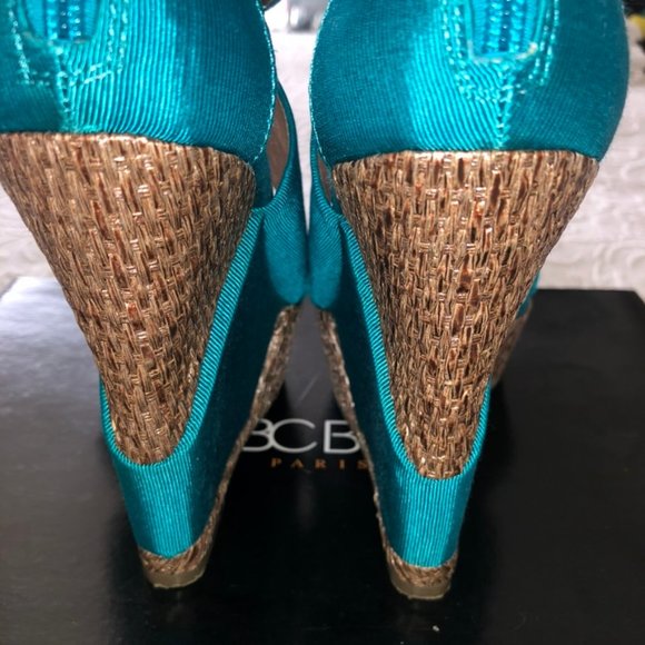 BCBG RANDO Platform Wedge Heel Sandal Teal Fabric Jute Trim Back Zip Sexy 8 - Picture 7 of 13